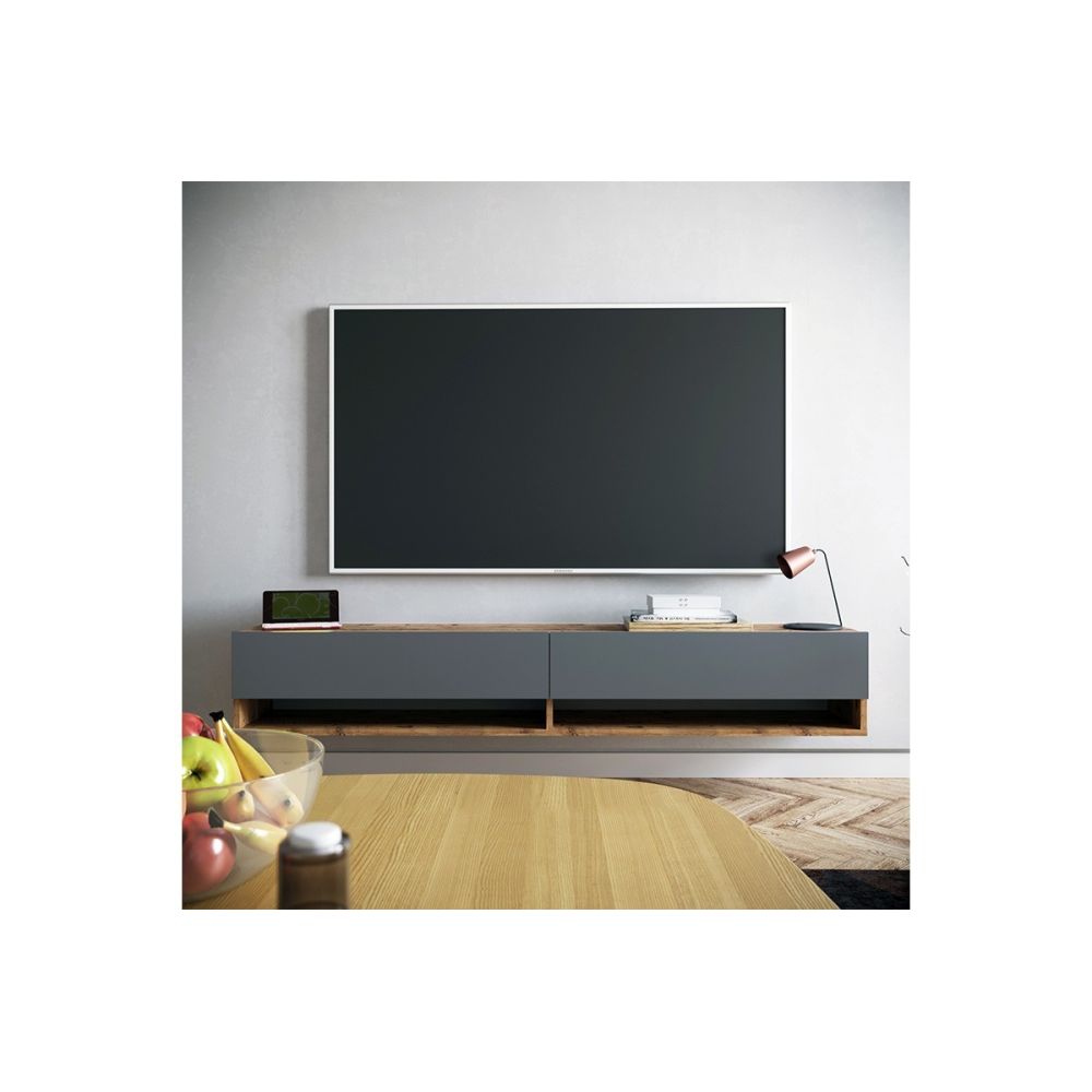 Mueble de TV de Pared Moderno Antracita-Roble - 180x31,5x29,5 cm - 2 Cajones y Estantes.