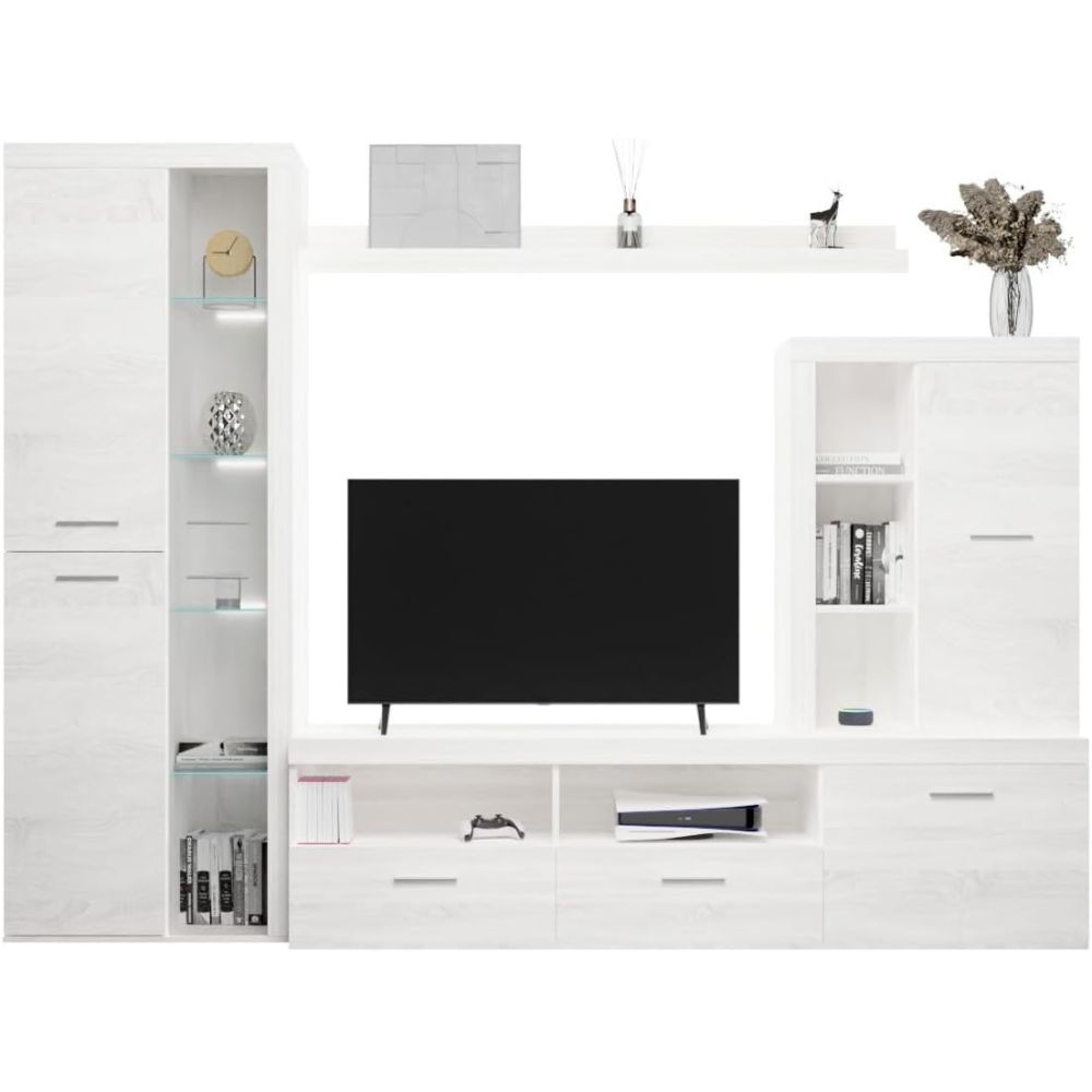 Mueble de Salón Moderno con Leds, Acabado en Andersen Pino, Medidas: 260 cm (Ancho) x 191 cm (Alto) 47,5 cm (Fondo)
